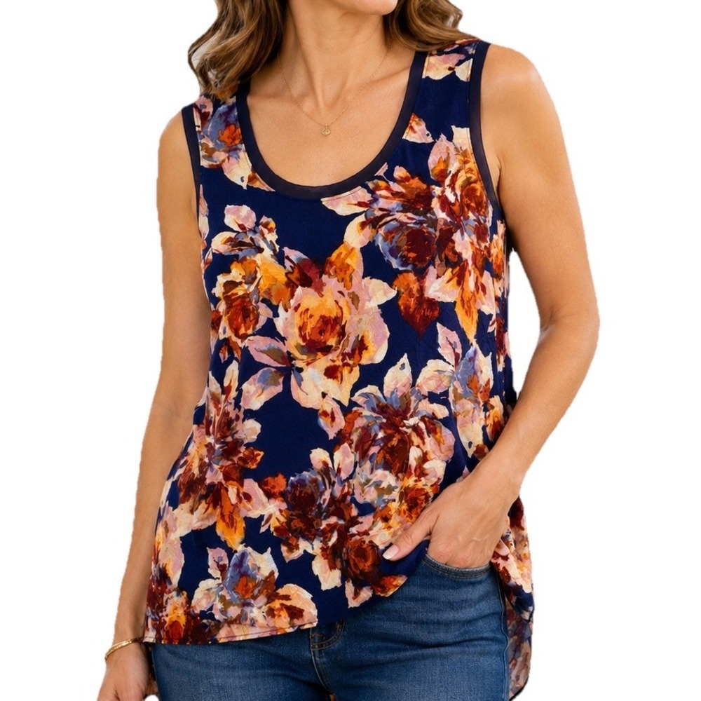 Simply Vera Vera Wang Tank Top Womens Small Floral Tunic Sleeveless Blue Gold